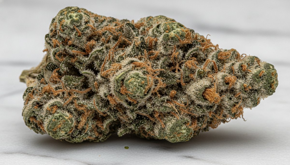 Runtz vs Gelato — Which Is Right for You? 5 Close-up macro photo of a dense Gelato cannabis bud with amber trichomes and deep green coloring