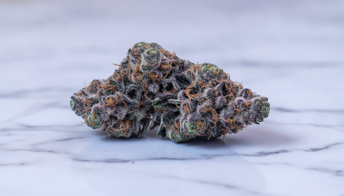 Wedding Cake strain vs Gelato strain — Which Is Right for You? 5 Gelato cannabis bud on white marble showing vivid purple hues, orange pistils, and creamy trichome coating.