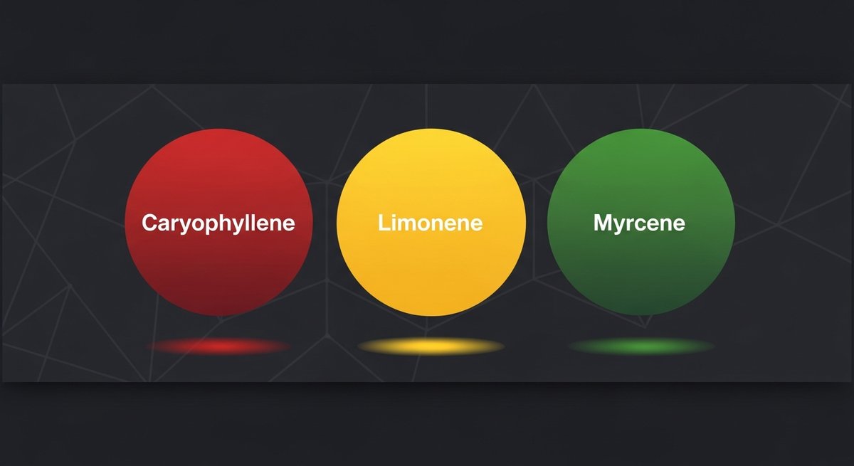 Gelato Strain 2 Terpene profile graphic for Gelato strain showing Caryophyllene in red, Limonene in yellow, and Myrcene in green