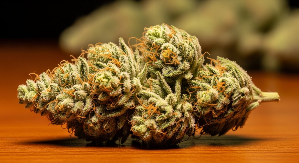 Ghost Train Haze vs Trainwreck — Which Is Right for You? 4 Macro close-up of a heavily trichome-covered Ghost Train Haze cannabis bud on a dark wood surface