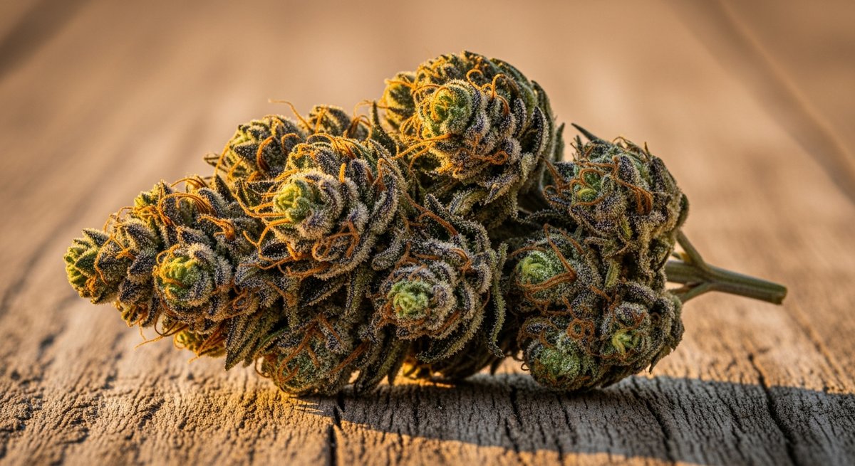 Girl Scout Cookies vs Wedding Cake — Which Is Right for You? 4 Close-up of a Girl Scout Cookies cannabis bud with purple and green hues on rustic wood, warm golden lighting