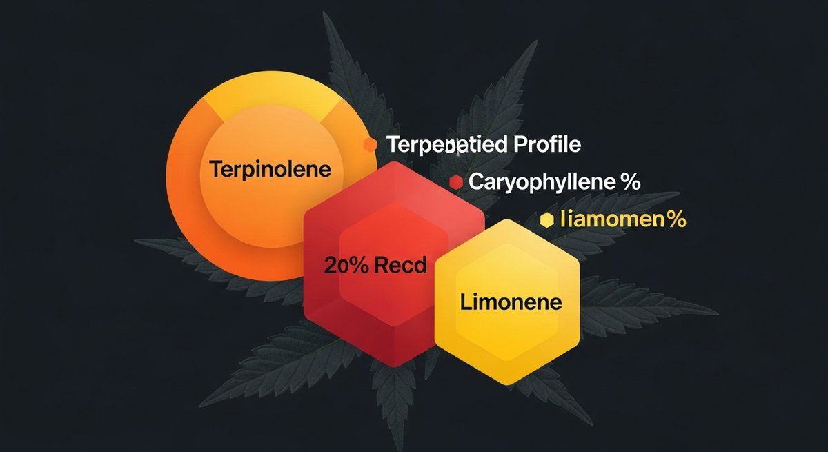 Glitter Bomb Strain 2 Terpene profile infographic for Glitter Bomb showing Terpinolene in orange, Caryophyllene in red, and Limonene in yellow