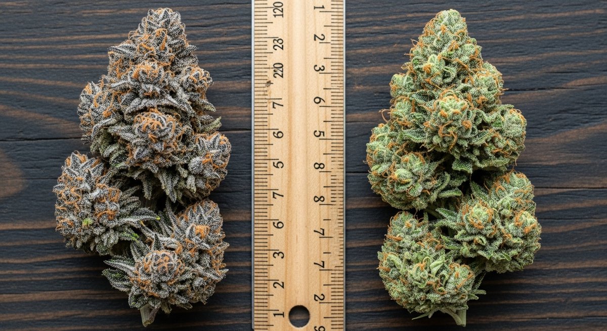 GMO Cookies strain vs Garlic Breath strain — Which Is Right for You? 5 Flat-lay comparison of GMO Cookies and Garlic Breath buds side by side on dark wood with a ruler