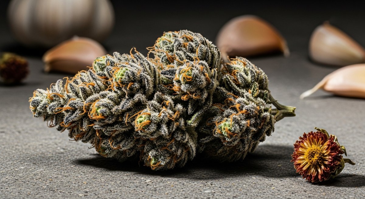 GMO Cookies strain vs Garlic Breath strain — Which Is Right for You? 4 Macro close-up of a frosty GMO Cookies cannabis bud alongside garlic cloves on concrete