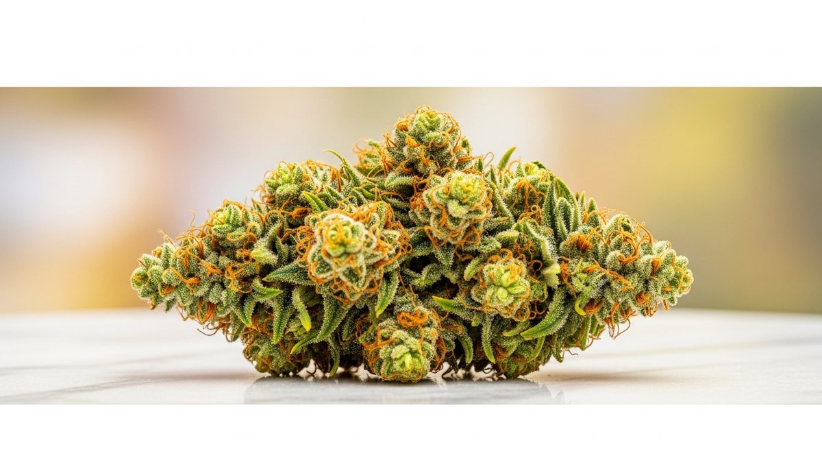 Candyland vs Golden Goat — Which Is Right for You? 5 Macro editorial photo of a bright lime-green and golden Golden Goat cannabis bud on marble
