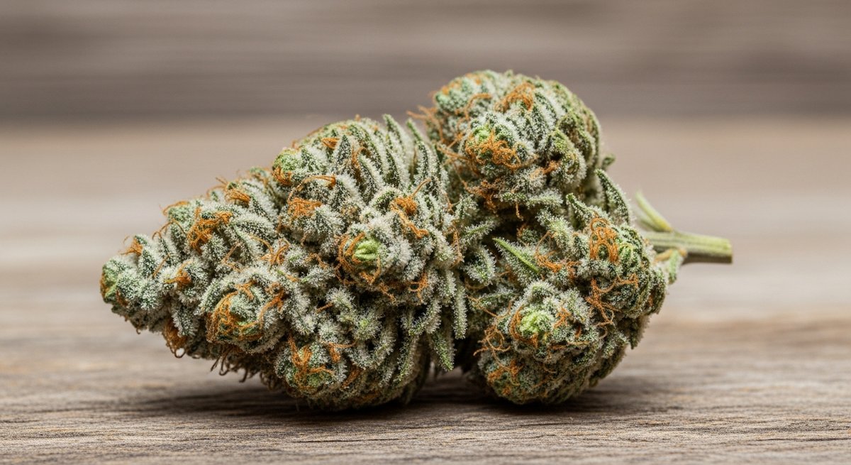 Gorilla Glue strain vs Chemdawg strain — Which Is Right for You? 4 Macro close-up of a heavily frosted Gorilla Glue GG4 cannabis bud on a weathered wooden surface
