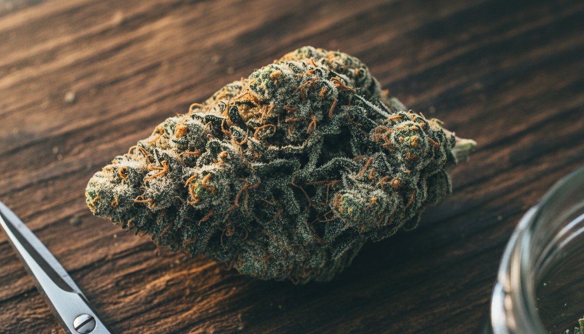 Gorilla Glue vs White Widow — Which Is Right for You? 4 Macro shot of a resin-heavy Gorilla Glue GG4 cannabis bud on dark wood, trichomes glistening under warm directional light