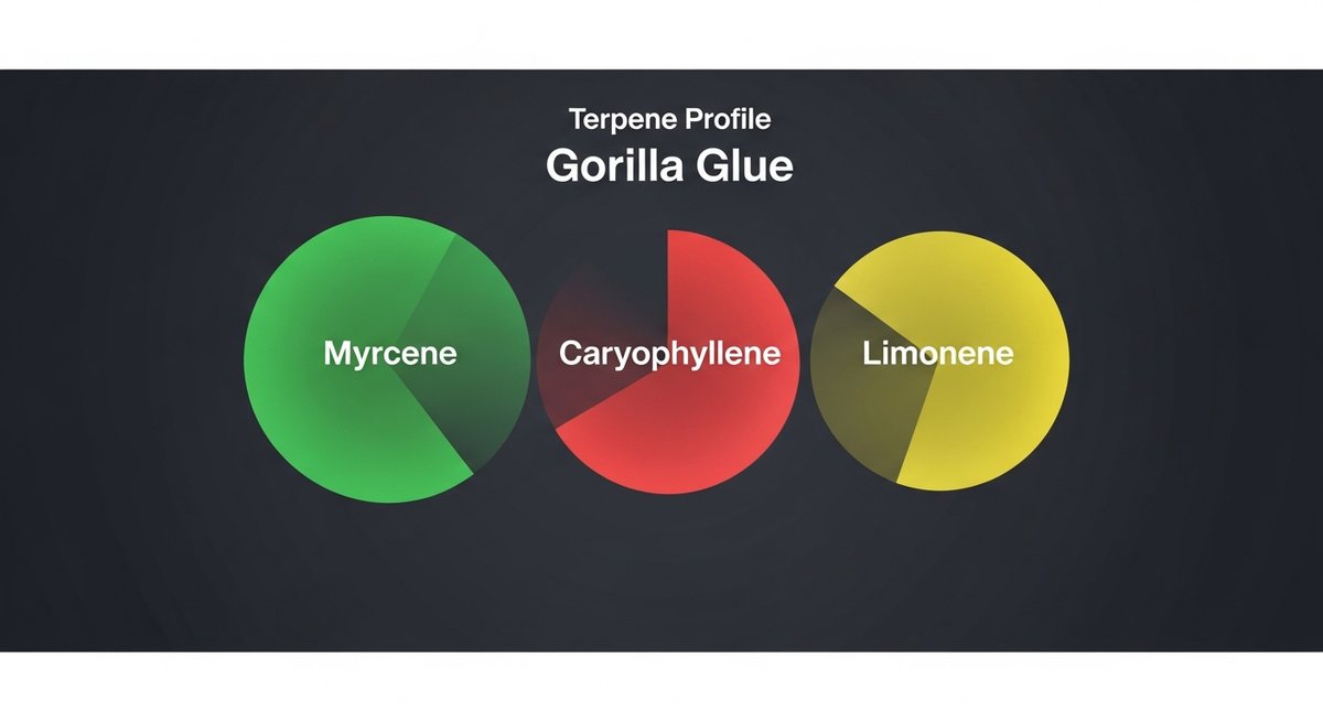 Gorilla Glue Strain 2 Gorilla Glue terpene profile graphic showing Myrcene in green, Caryophyllene in red, and Limonene in yellow