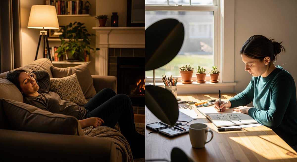 Gorilla Glue strain vs Chemdawg strain — Which Is Right for You? 5 Split lifestyle scene contrasting relaxed evening mood on left with focused daytime creativity on right