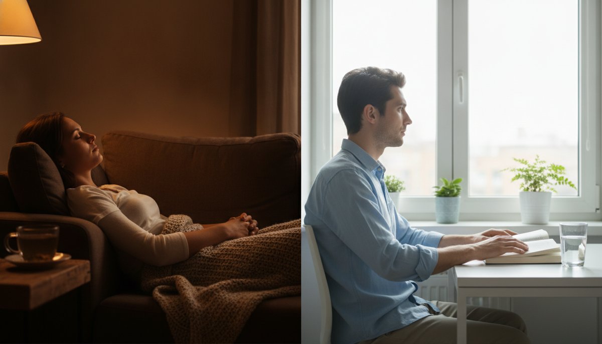 Gorilla Glue vs White Widow — Which Is Right for You? 6 Editorial diptych showing relaxed couch body-sedation mood versus alert sunlit clarity mood, illustrating contrasting strain