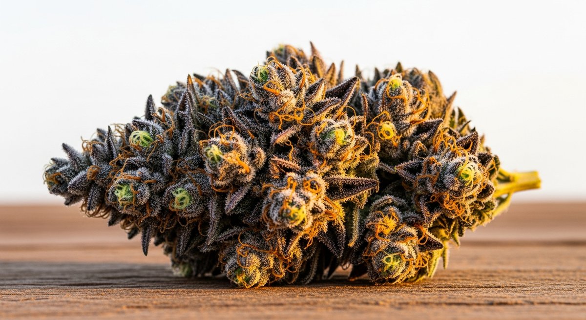 Grandaddy Purple strain vs Grape Ape strain — Which Is Right for You? 4 Close-up of a Grandaddy Purple bud with deep violet coloring and thick trichome coverage on redwood grain