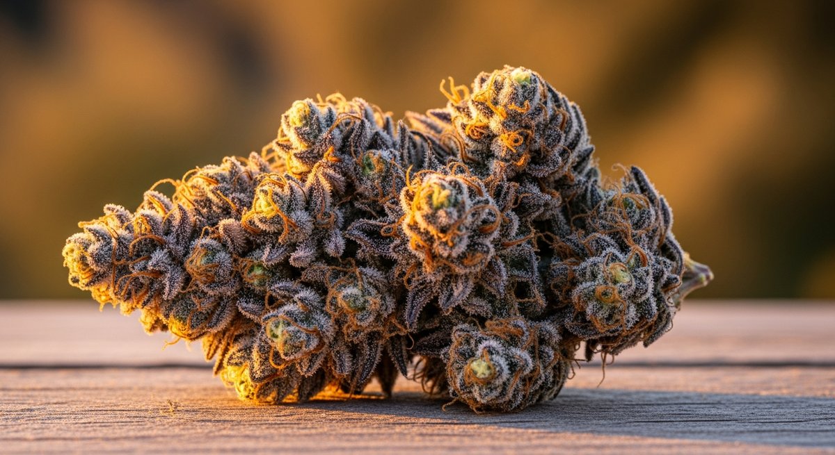Granddaddy Purple vs Northern Lights — Which Is Right for You? 4 Dense Granddaddy Purple bud with deep violet coloring and orange pistils resting on weathered wood in warm golden light