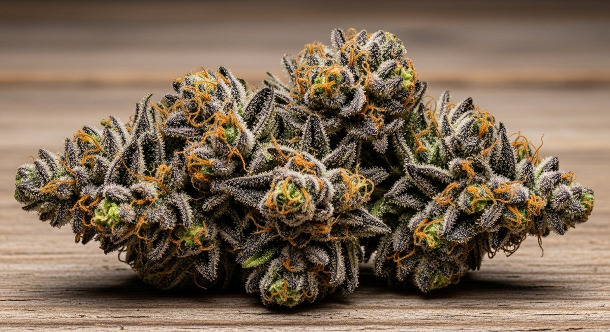 Granddaddy Purple vs Purple Punch — Which Is Right for You? 4 Dense, violet Granddaddy Purple cannabis bud with orange pistils and heavy trichome coverage on a wooden surface