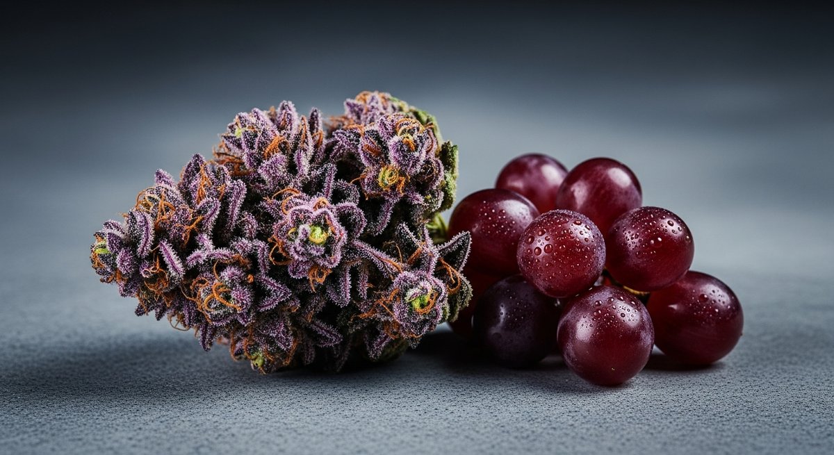 Grandaddy Purple strain vs Grape Ape strain — Which Is Right for You? 5 Grape Ape cannabis bud beside a cluster of fresh purple Concord grapes on dark concrete, highlighting its grape aroma