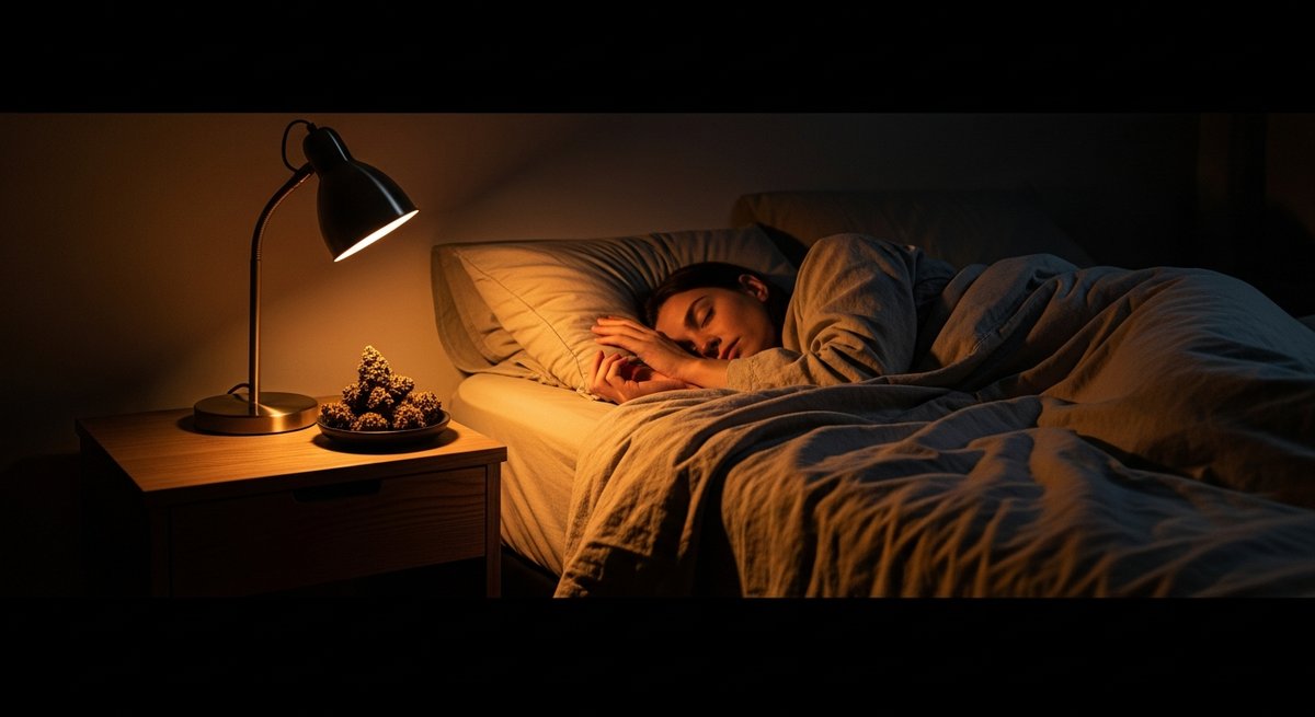 Purple Haze strains vs Grape Ape Strains — Which Is Right for You? 6 Peaceful bedroom at night with a person asleep and Grape Ape cannabis buds on the nightstand under warm lamp light
