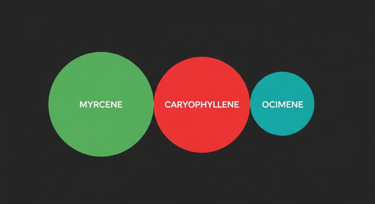 Green Crack Strain 2 Terpene profile infographic for Green Crack showing Myrcene in green, Caryophyllene in red, and Ocimene in teal