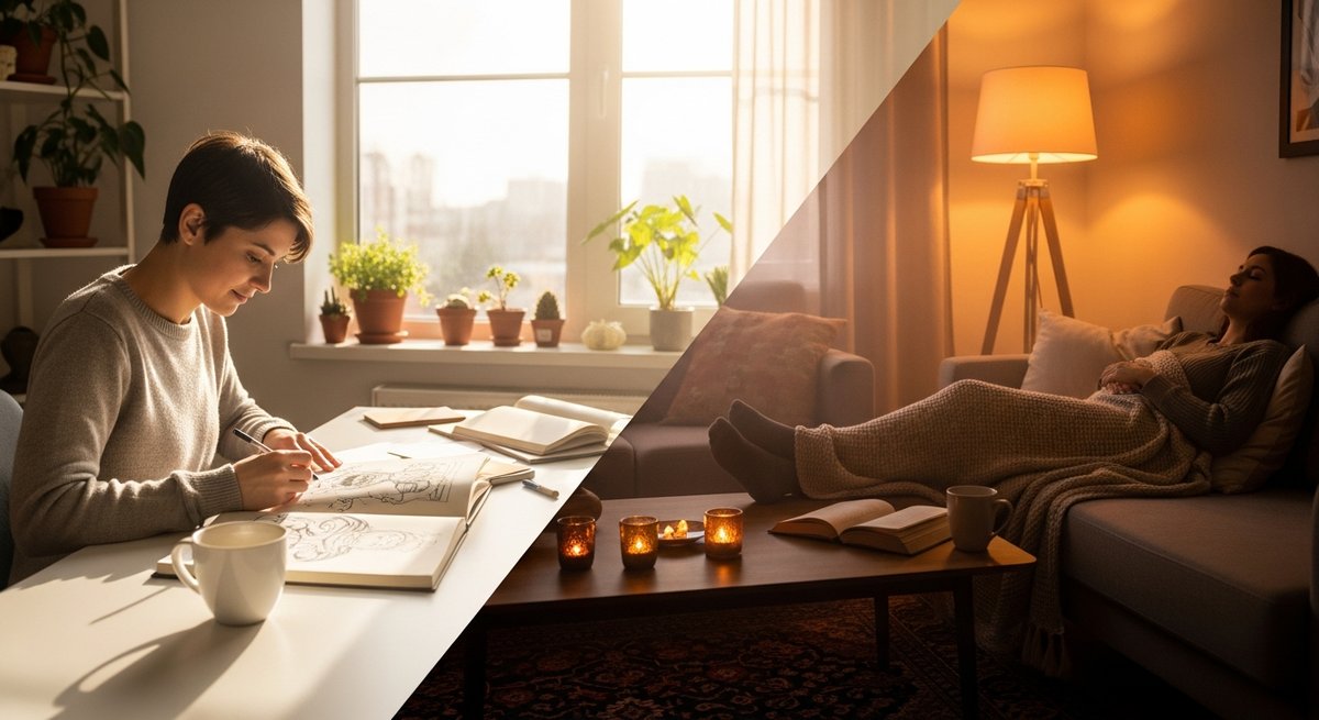 Girl Scout Cookies vs Wedding Cake — Which Is Right for You? 6 Split scene comparing creative daytime focus on the left with deep couch-relaxation on the right, illustrating strain effects