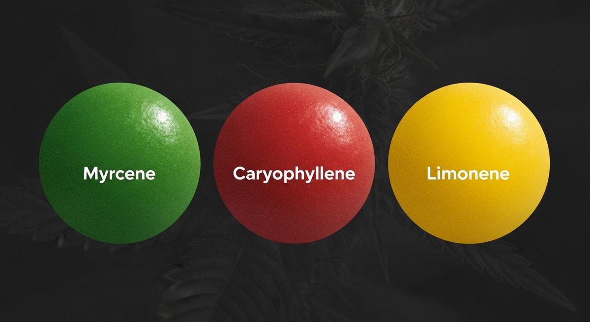 Guava Strain 2 Terpene profile graphic for Guava strain showing green Myrcene, red Caryophyllene, and yellow Limonene swatches