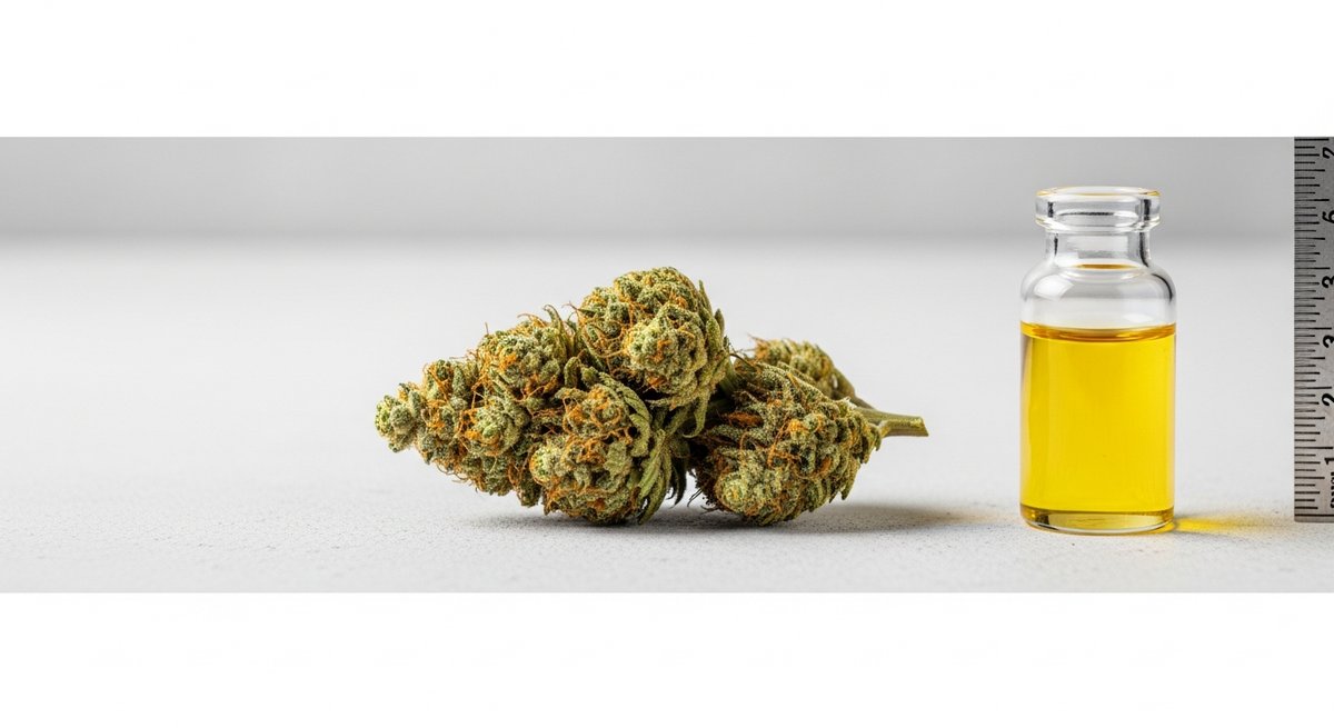 Blue Dream strain vs Harlequin strain — Which Is Right for You? 5 Harlequin cannabis bud on concrete beside a small CBD oil vial, highlighting its high-CBD, low-THC profile