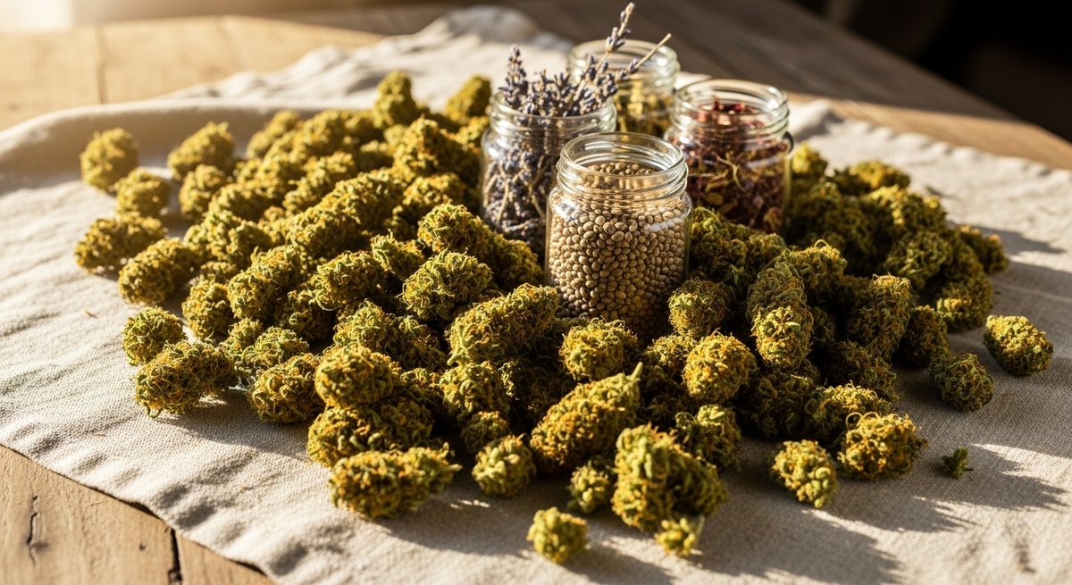 THCA Flower strain vs Hemp Flower strain — Which Is Right for You? 5 Hemp flower buds spread on rustic linen with hemp seeds and botanicals in warm natural daylight