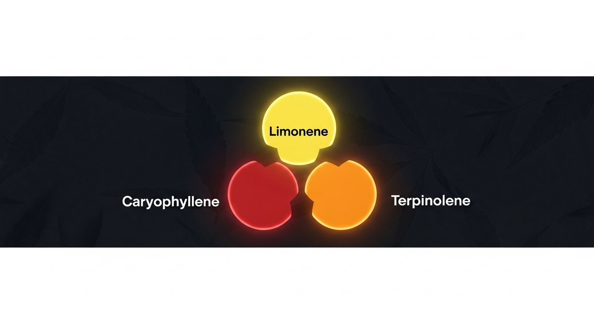 High-C Strain 2 Terpene profile graphic for High-C strain showing Limonene yellow, Caryophyllene red, and Terpinolene orange