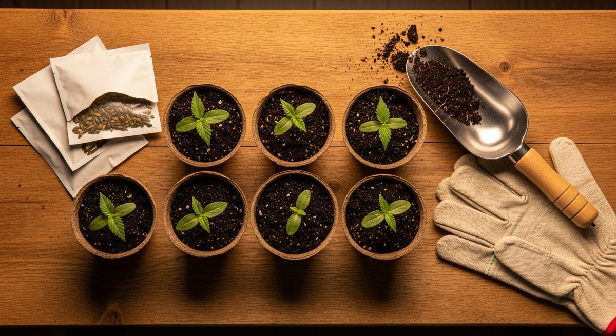Remedy vs cannatonic — Which Is Right for You? 6 Overhead flat-lay of cannabis seedlings in peat pots on a wooden potting bench with seed packets and gardening tools