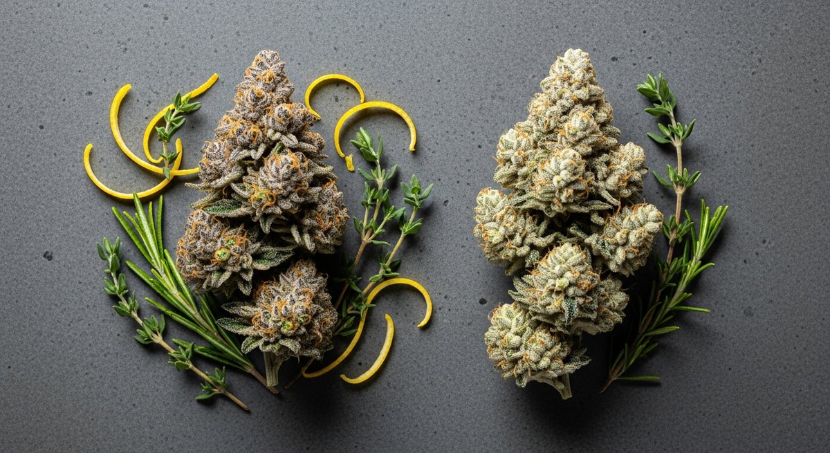 High Terpene strain vs High THC strain — Which Is Right for You? 5 Overhead flat-lay comparison of a terpene-forward cannabis bud with botanicals beside a dense frost-covered high-THC bud on d