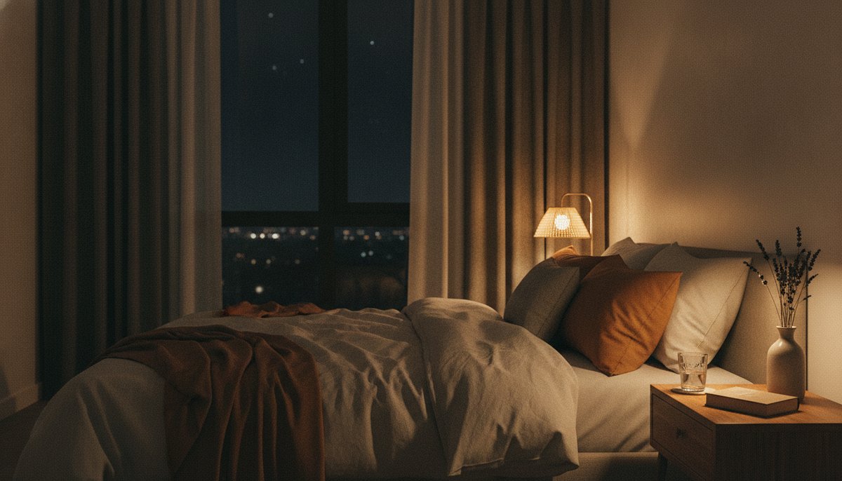 High Terpene strain vs High THC strain — Which Is Right for You? 6 Warm dimly lit bedroom at night with soft linen bedding and amber lamplight evoking a restful sleep environment.