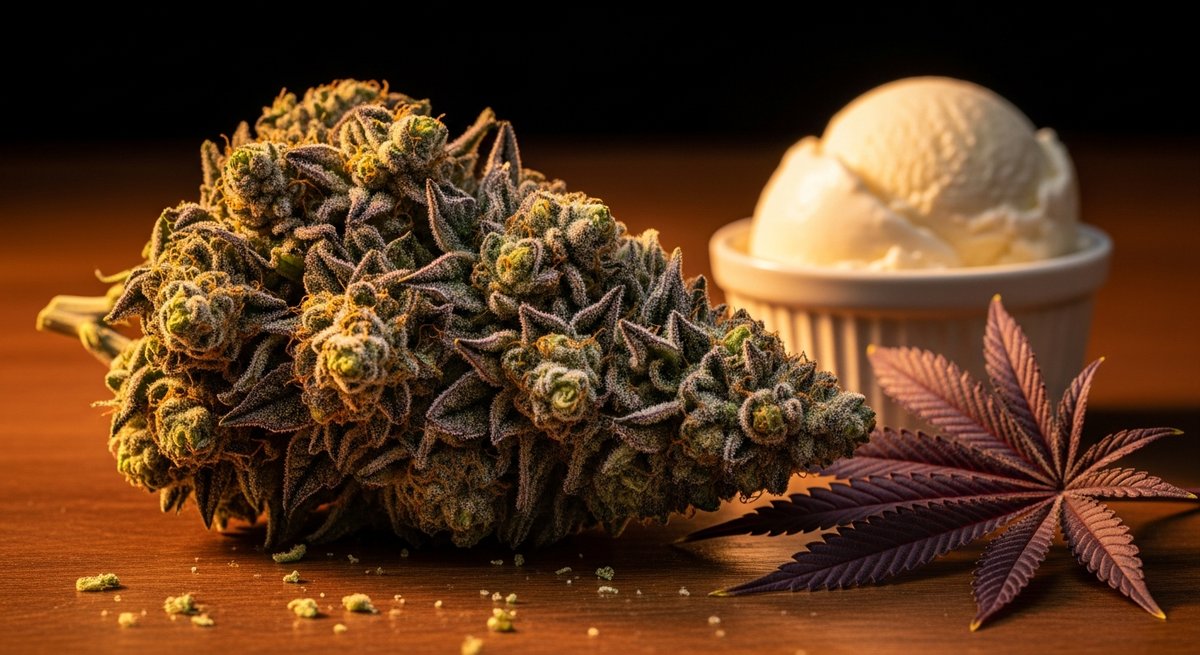 Ice Cream Cake strains vs Wedding Cake strains — Which Is Right for You? 4 Close-up of an Ice Cream Cake cannabis bud with heavy trichomes alongside a small vanilla ice cream dish on dark wood