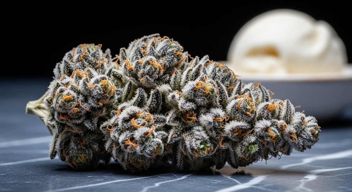 Cookies and Cream strains vs Ice Cream Cake strains — Which Is Right for You? 5 Ice Cream Cake cannabis bud with purple hues and dense white trichomes on dark marble, blurred ice cream in background