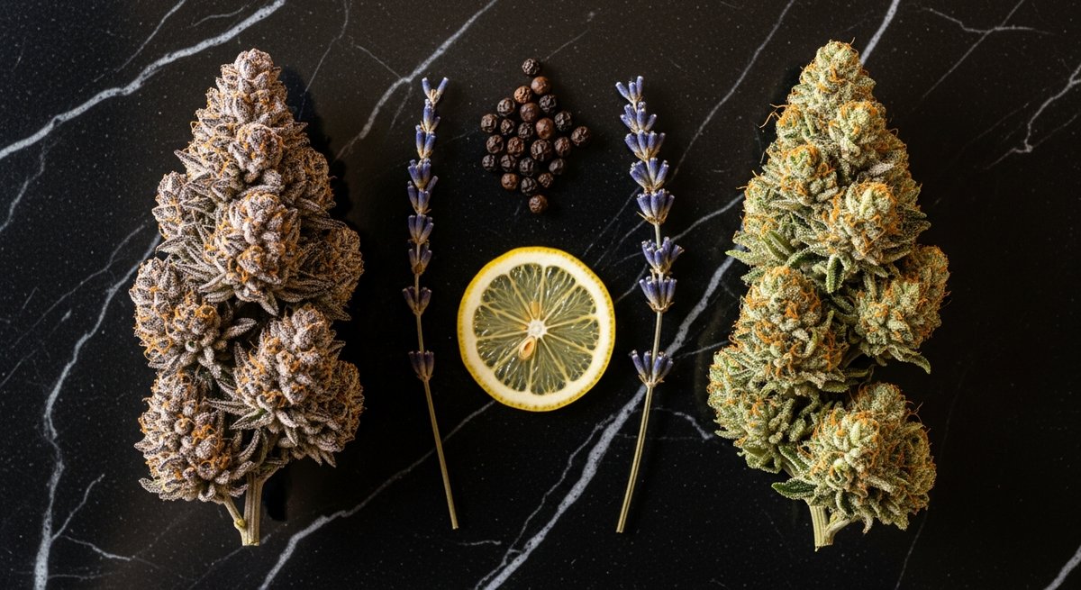 Ice Cream Cake strains vs Wedding Cake strains — Which Is Right for You? 5 Overhead flat-lay comparing Ice Cream Cake and Wedding Cake buds with terpene botanicals on black marble