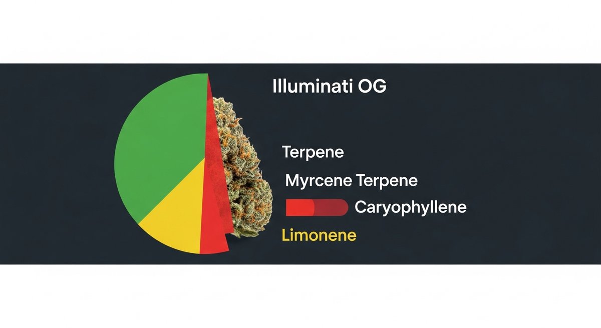 illuminati og Strain 2 Terpene profile chart for Illuminati OG showing Myrcene in green, Caryophyllene in red, and Limonene in yellow