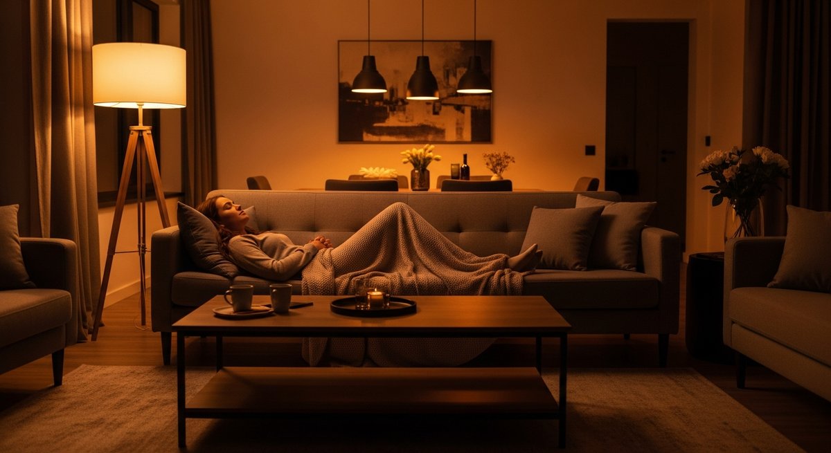 Skywalker OG strains vs Bubba Kush Strains — Which Is Right for You? 6 Adult person resting deeply relaxed on a couch in warm lamplight, illustrating the sedating body effects of indica cannabis s