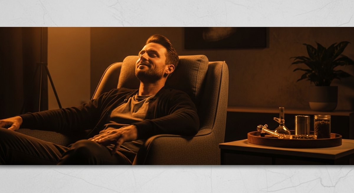 Ice Cream Cake strains vs Wedding Cake strains — Which Is Right for You? 6 Adult man deeply relaxed in a dimly lit armchair conveying the sedative body effects of indica-dominant cannabis strains