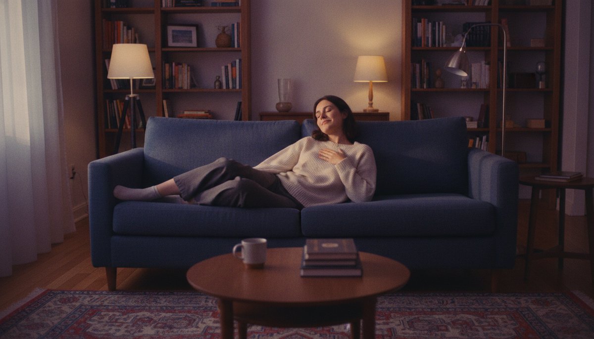 Granddaddy Purple vs Purple Punch — Which Is Right for You? 6 Person deeply relaxed on an indigo sofa in a warmly lit living room, eyes closed, expressing calm and body ease