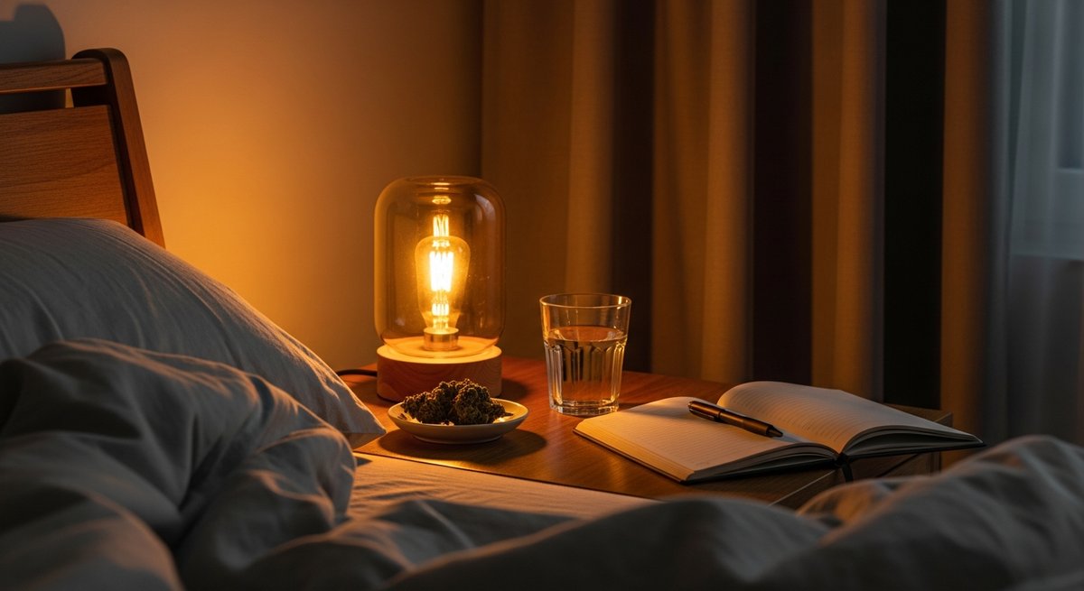 GMO Cookies strain vs Garlic Breath strain — Which Is Right for You? 6 Cozy nighttime bedroom scene with a cannabis bud on a nightstand suggesting an indica sleep routine