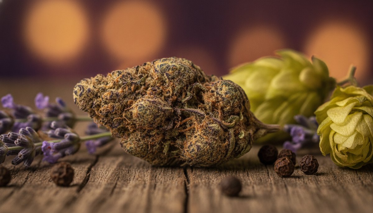 Indica Terpenes strain vs Sativa Terpenes strain — Which Is Right for You? 3 Macro shot of a dense indica cannabis bud surrounded by lavender sprigs, hops, and peppercorns on a wooden surface