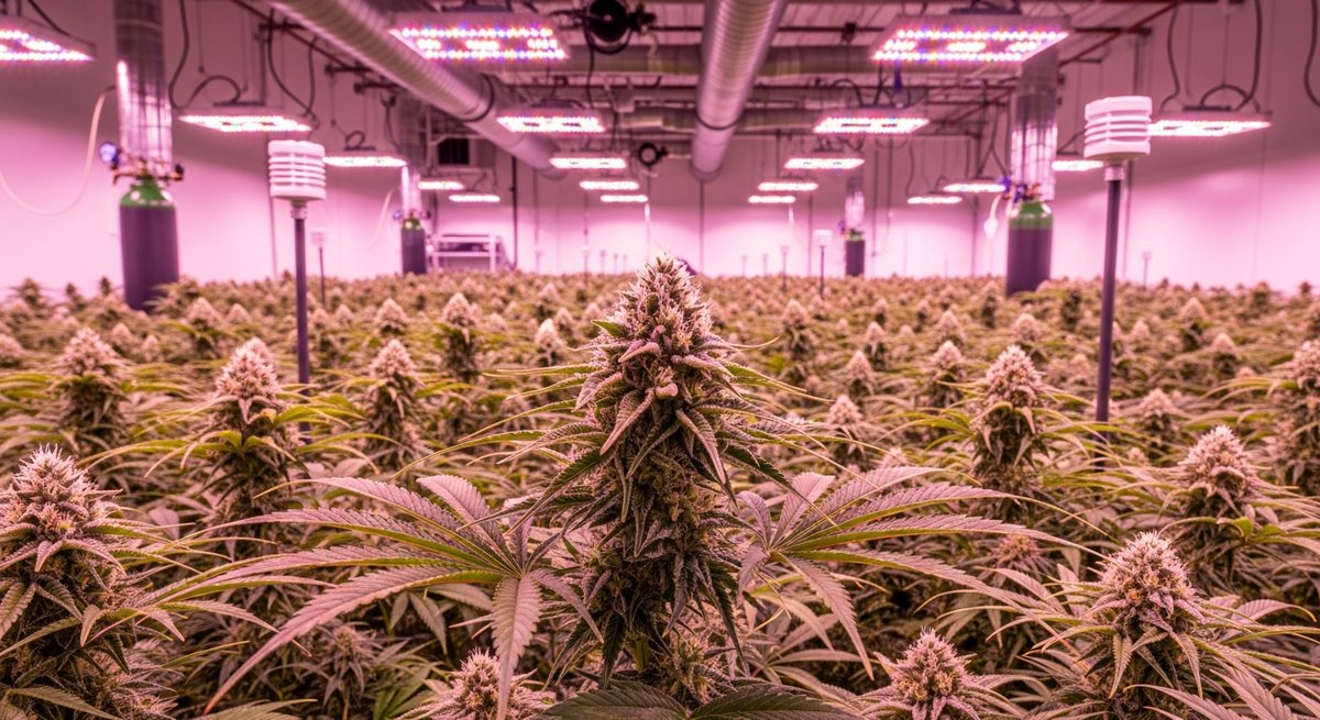 Indoor THCA strain vs Outdoor THCA strain — Which Is Right for You? 4 Cannabis plants with trichome-covered buds growing under LED lights inside a controlled indoor cultivation facility
