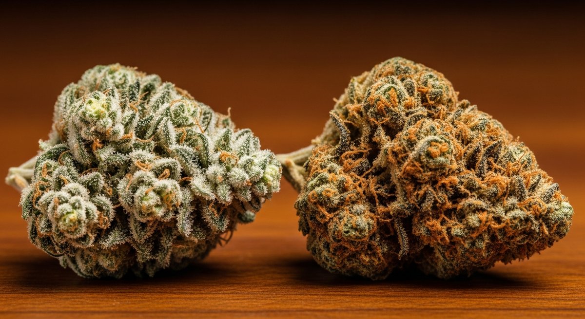 Indoor THCA strain vs Outdoor THCA strain — Which Is Right for You? 6 Macro close-up of a trichome-heavy indoor THCA bud beside an earthy outdoor THCA bud illustrating contrasting potency and eff