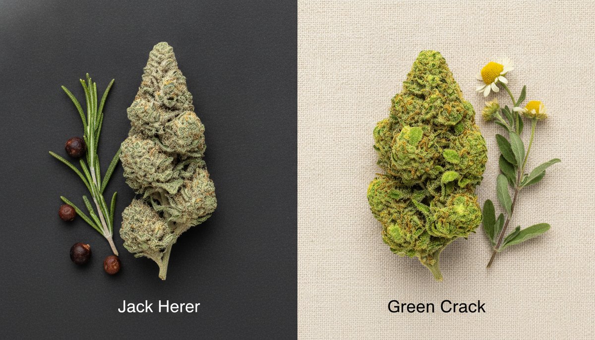 Jack Herer vs Green Crack — Which Is Right for You? 5 Overhead flat-lay of Jack Herer and Green Crack buds on contrasting surfaces highlighting key structural and color difference