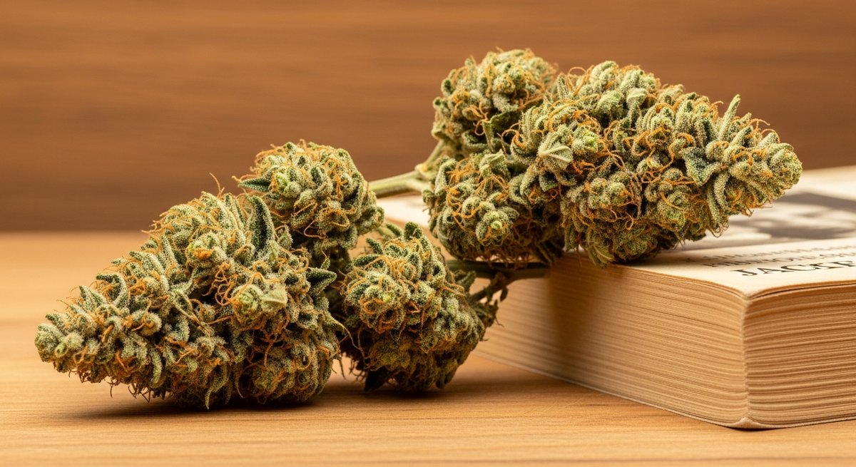 Sour Diesel strains vs Jack Herer strains — Which Is Right for You? 5 Jack Herer cannabis buds on a wooden surface beside a worn book referencing the strain's namesake cannabis activist
