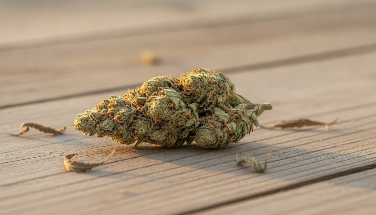Jack Herer vs Green Crack — Which Is Right for You? 4 Close-up of a Jack Herer cannabis bud on aged wood, showing sativa structure with amber pistils and dense trichomes