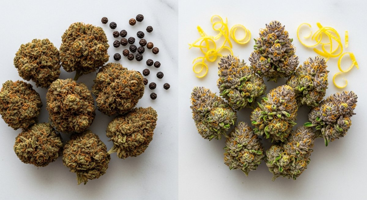 Jealousy vs Runtz — Which Is Right for You? 5 Flat-lay split arrangement of Jealousy and Runtz buds with terpene ingredients highlighting key differences