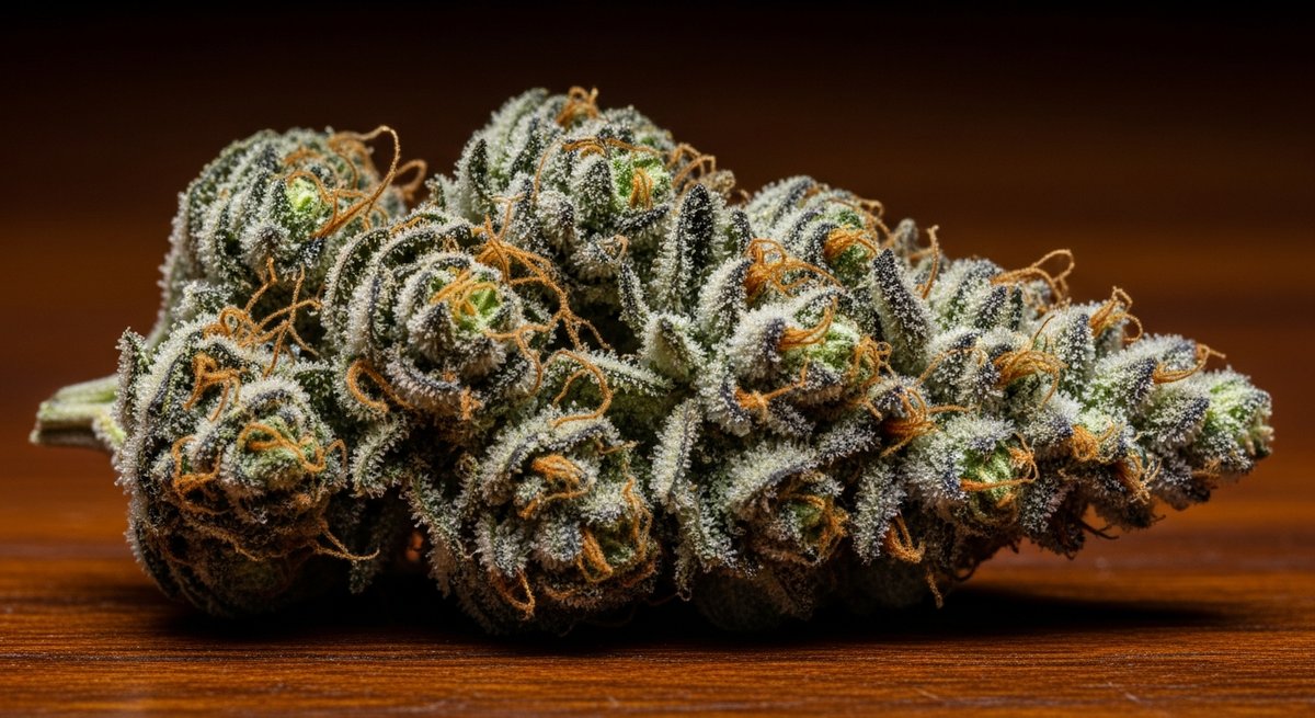 Jealousy vs Runtz — Which Is Right for You? 4 Macro close-up of a Jealousy cannabis bud showing dense structure, orange pistils, and heavy trichome coverage