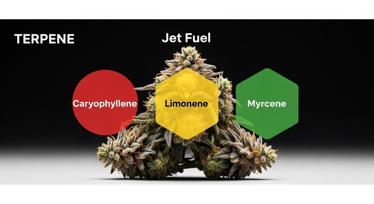 Jet Fuel Strain 2 Terpene profile graphic for Jet Fuel strain showing Caryophyllene in red, Limonene in yellow, and Myrcene in green.
