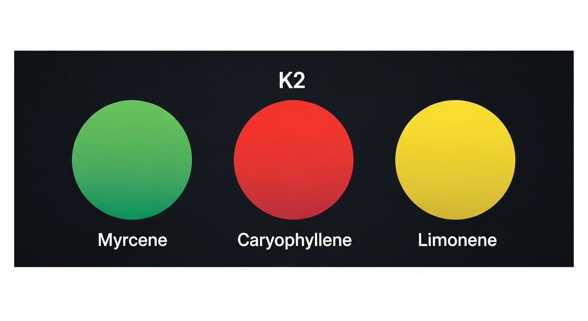 K2 Strain 2 Terpene profile graphic for K2 strain showing Myrcene in green, Caryophyllene in red, and Limonene in yellow.