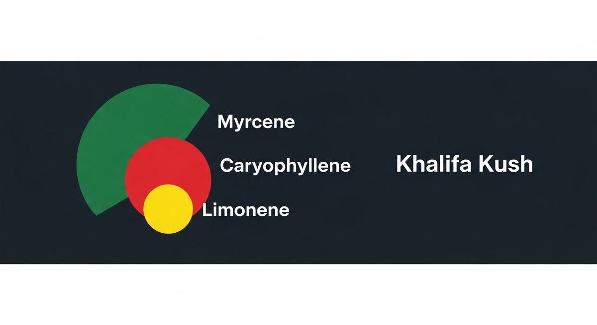 Khalifa Kush Strain 2 Khalifa Kush terpene profile infographic showing Myrcene green, Caryophyllene red, and Limonene yellow