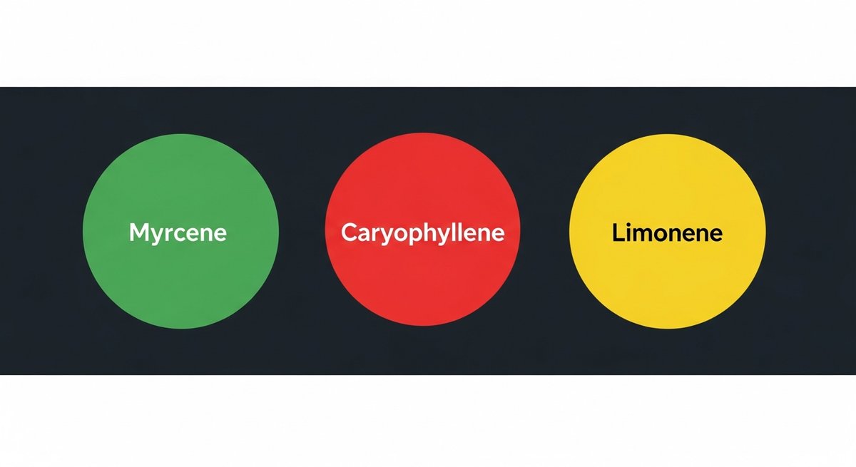 Killer Cupcakes Strain 2 Terpene profile graphic for Killer Cupcakes showing Myrcene in green, Caryophyllene in red, and Limonene in yellow