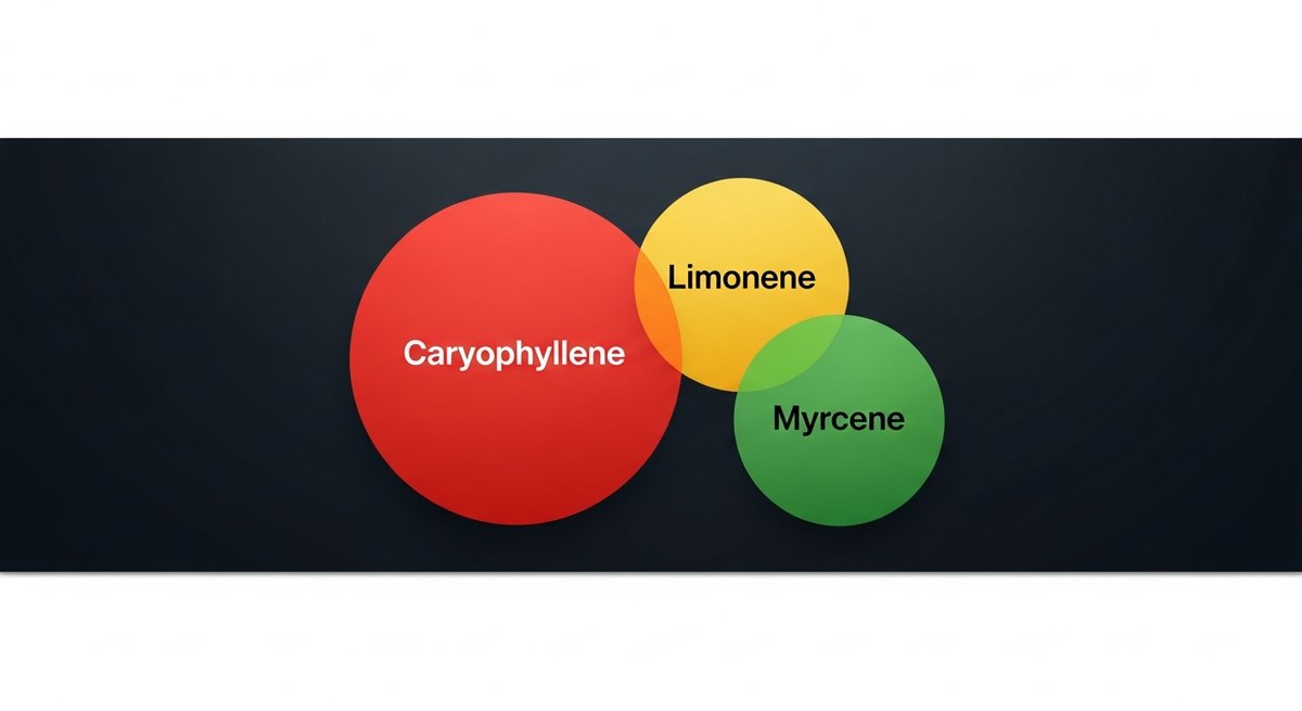 Kitchen Sink Strain 2 Terpene profile graphic for Kitchen Sink strain showing Caryophyllene in red, Limonene in yellow, and Myrcene in green