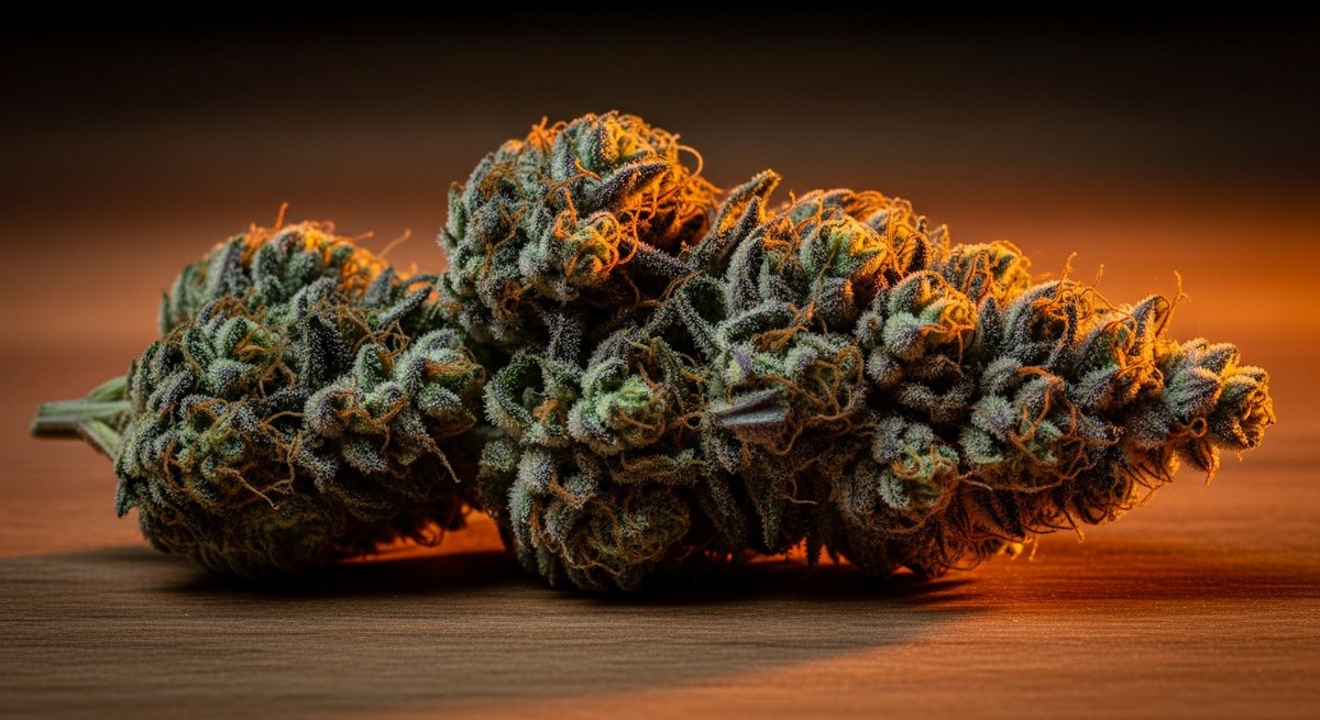 Gary Payton vs Kobe OG — Which Is Right for You? 5 Dense Kobe OG cannabis bud with purple and green tones on dark wood under warm amber lighting